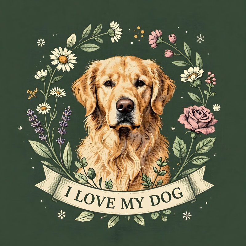 Golden retriever with flowers and text shows love for pets Premium Stock Photo
