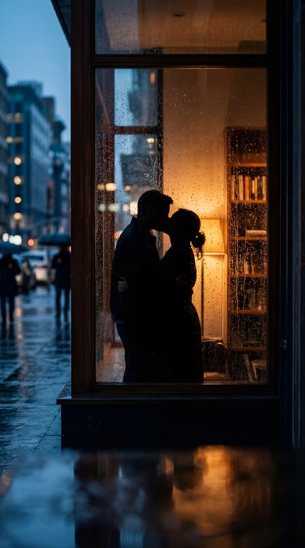 Couple kisses by a window on a rainy evening in the city Premium Stock Photo - stock photo