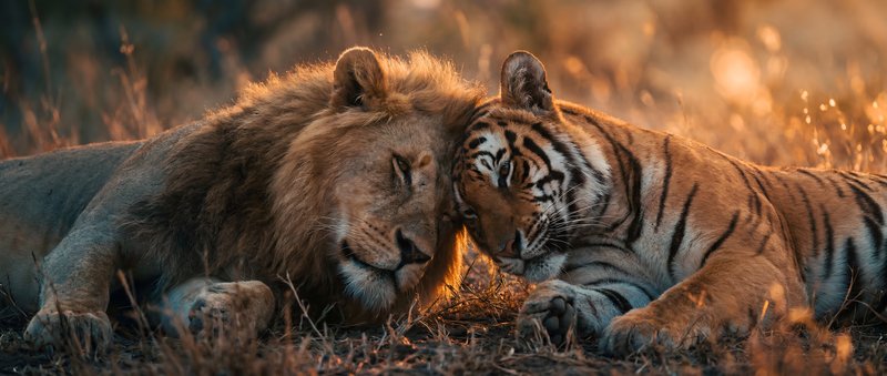 Lions and tigers resting together in the wild during sunset Premium Stock Photo - stock photo