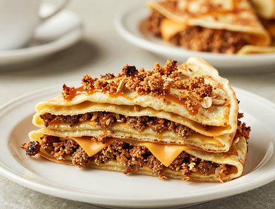Goetta Crepe Stack with Cheese and Crumb Topping - stock photo