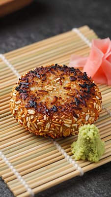 Goetta Patty with Sesame on Bamboo Mat - stock photo
