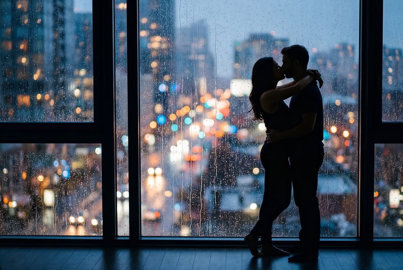 Couple sharing a kiss in a city view at night Premium Stock Photo - stock photo