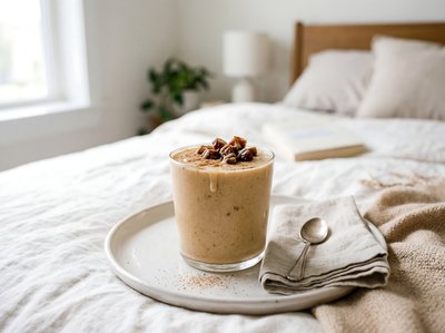 Tahini Date Shake Breakfast in Bed - stock photo