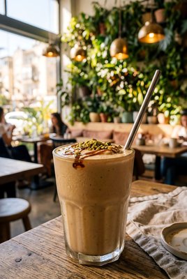 Tahini Date Shake with Pistachio Garnish - stock photo