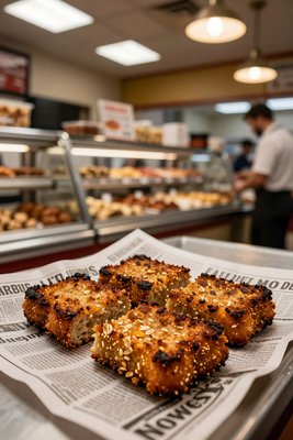 Fresh Goetta Sesame Bagels at Local Bakery - stock photo