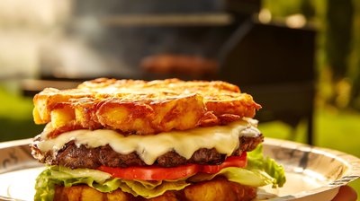 Gourmet Jibarito Burger With Melted Cheese and Crispy Plantain Bun - stock photo
