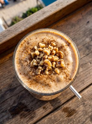 Tahini Date Shake with Cinnamon Walnut Top - stock photo