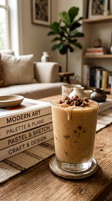 Tahini Date Shake on Wooden Coffee Table - stock photo