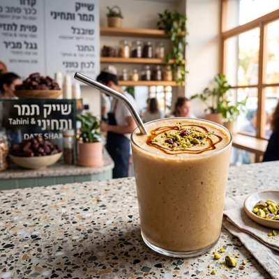 Tahini Date Shake with Pistachio in Modern Cafe - stock photo