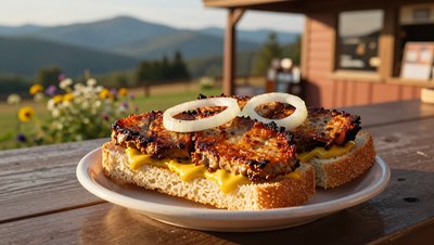 Livermush Sandwich with Cheese and Onions Outdoors - stock photo