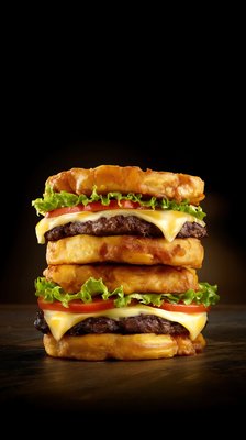 Jibarito Burger Double Stack with Melted Cheese and Fresh Toppings - stock photo