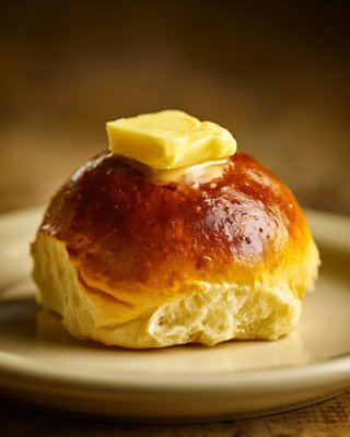 Golden Brioche Roll with Butter Pat on Warm Ceramic Plate - stock photo