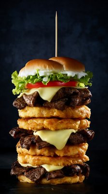 Jibarito Burger Tower Stacked with Beef, Cheese, and Fried Plantains - stock photo