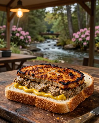 Livermush Sandwich with Seared Patty at Garden Retreat - stock photo