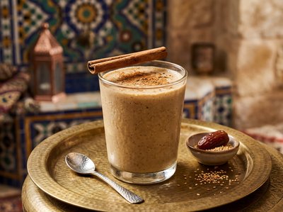 Tahini Date Shake with Cinnamon in Exotic Setting - stock photo