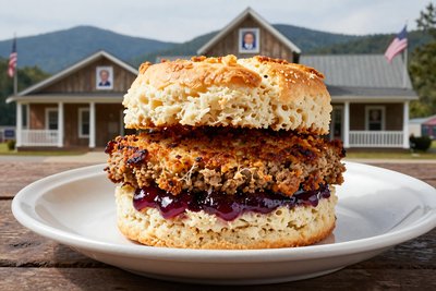 Livermush Sandwich with Seeded Bun at Farm - stock photo