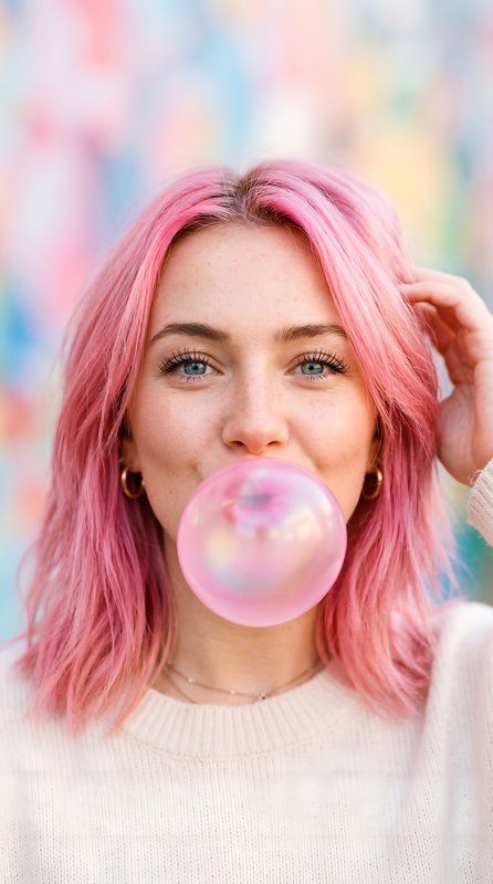 Girl blows bubble gum in colorful setting Premium Stock Photo - stock photo