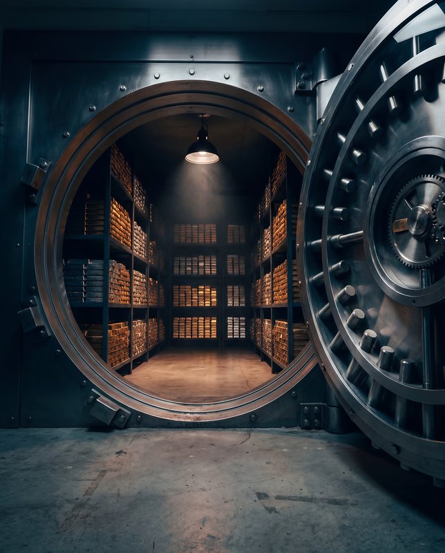 Secure bank vault with wide open door at night Premium Stock Image - stock photo