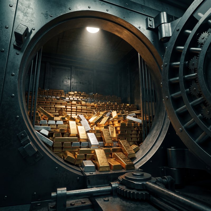 Safe with stacks of gold bars inside a dark vault Premium Stock Photo - stock photo