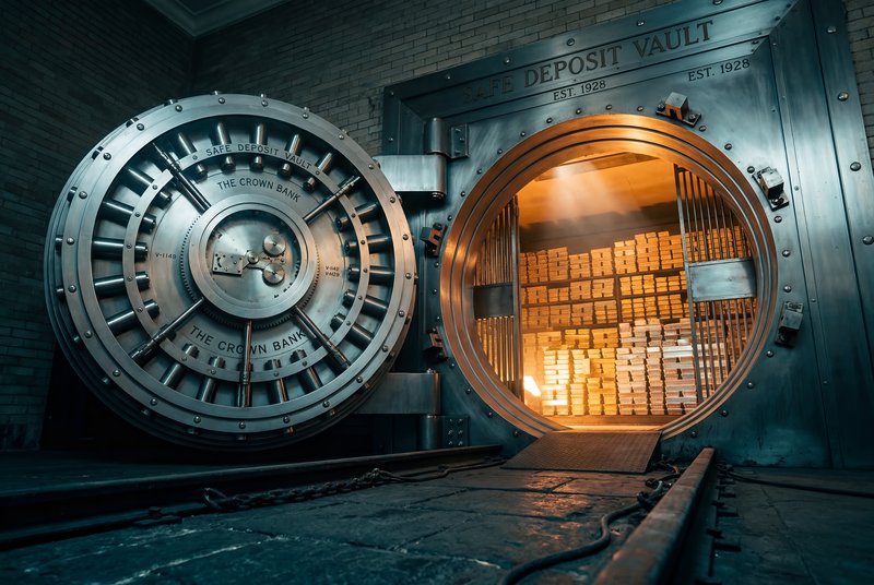 Bank vault is open showing gold bars inside Premium Stock Image - stock photo