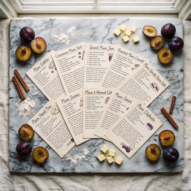 Delicious plum recipes on a marble table with fresh plums Premium Stock Photo - stock photo