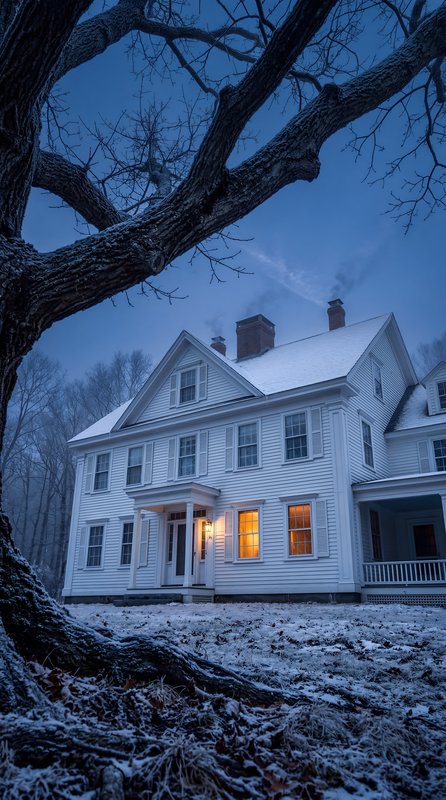 Winter evening with light shining from the house Premium Stock Photo - stock photo