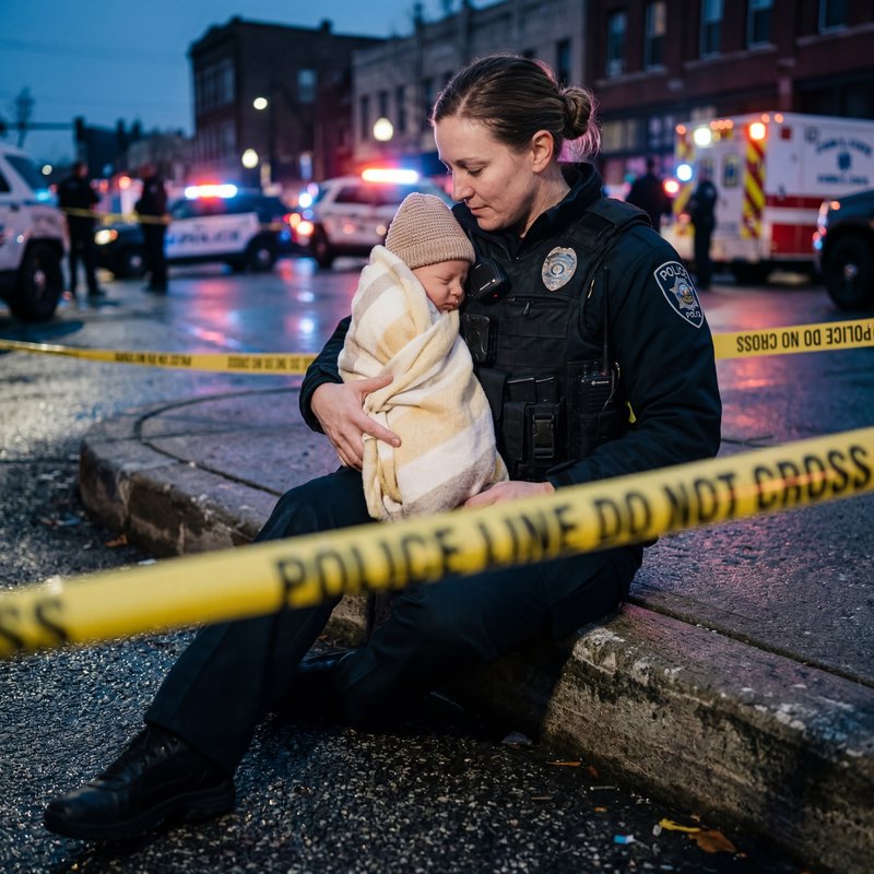 Police officer holds baby during emergency response at night Premium Stock Photo - stock photo