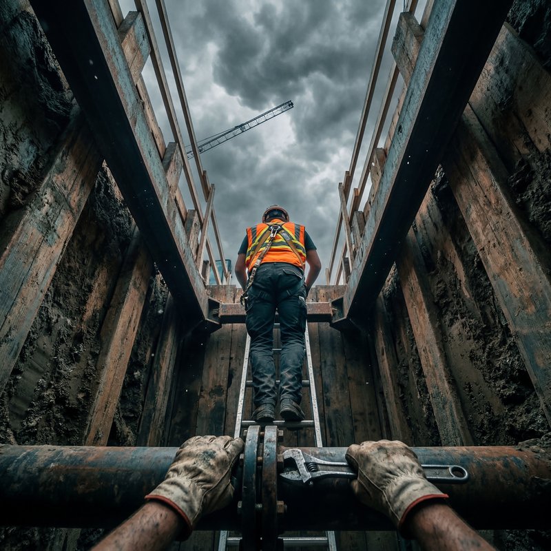 Worker climbs ladder in construction site with cloudy sky Premium Stock Image - stock photo