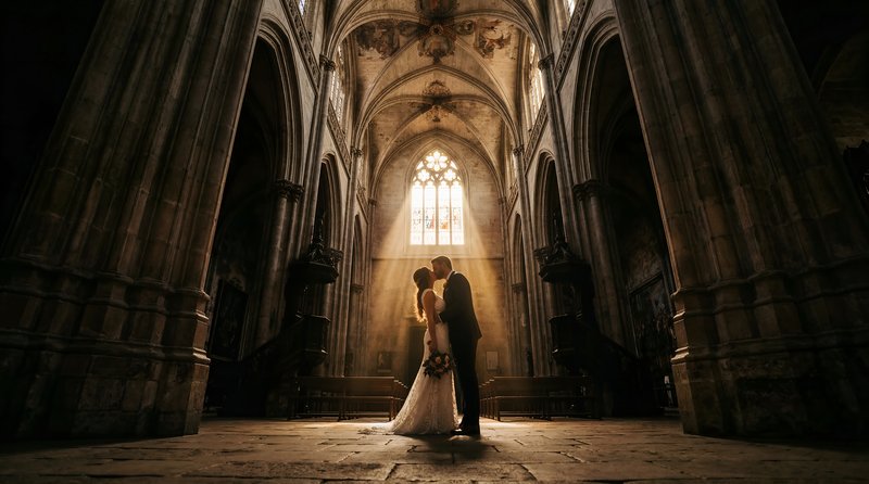 Couple shares kiss inside church during wedding ceremony Premium Stock Image - stock photo