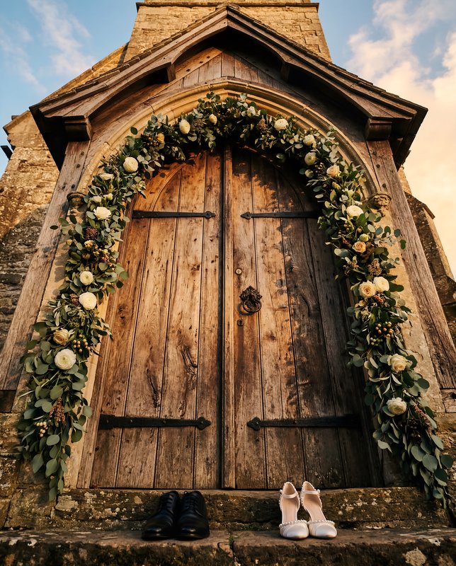 Wedding shoes placed at the entrance of a rustic chapel Premium Stock Image - stock photo