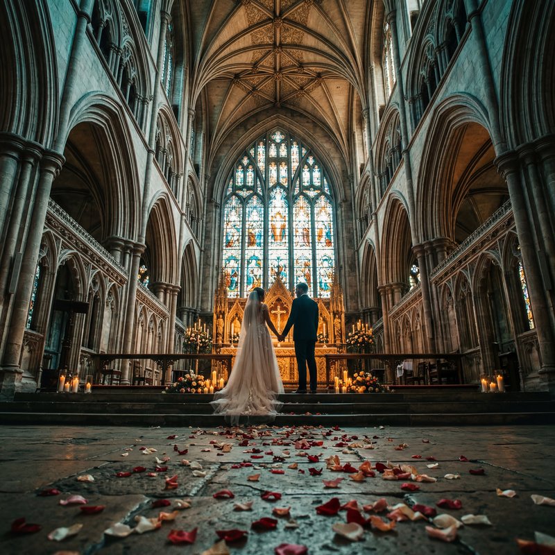 Couple stands hand in hand during wedding ceremony inside church Premium Stock Image - stock photo