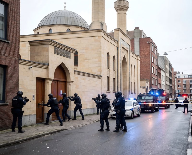 Police conduct an operation near a mosque in the city Premium Stock Photo - stock photo