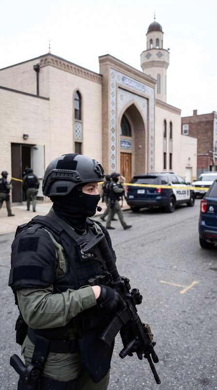 Law enforcement officers at mosque during operation in city Premium Stock Image - stock photo
