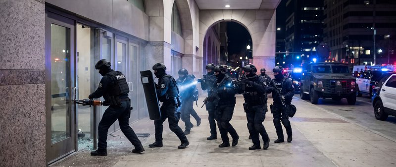 Police force enters building during night operation in city Premium Stock Image - stock photo