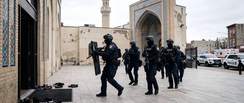 Police conduct operation near mosque in urban area Premium Stock Image - stock photo
