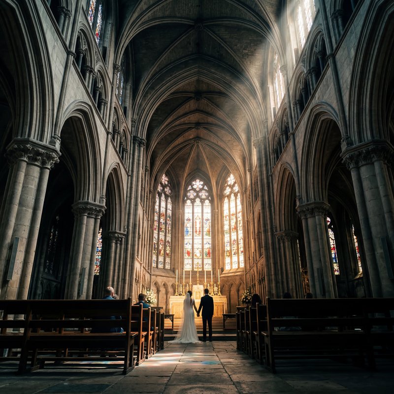 Couple stands together in historic church during wedding ceremony Premium Stock Image - stock photo