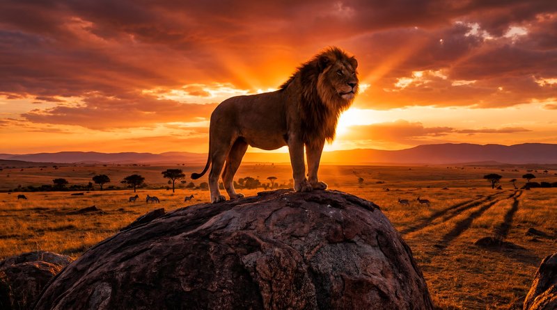 Lion stands on rock at sunset in African savanna Premium Stock Photo - stock photo