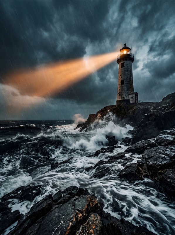 Strong light from lighthouse guides boats in stormy weather Premium Stock Image - stock photo