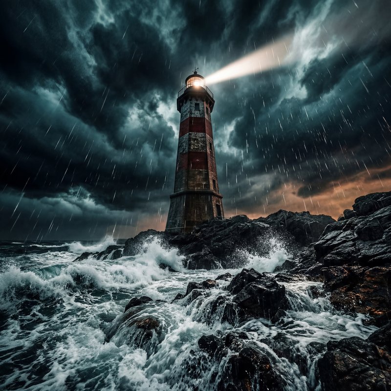 Storm at the lighthouse with waves crashing on rocks Premium Stock Image - stock photo