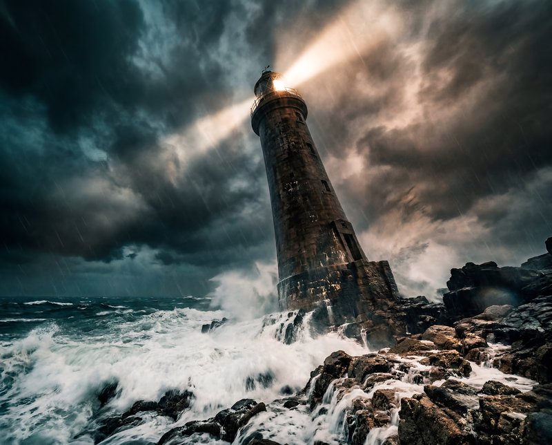 Lighthouse on rocky shore during stormy weather at night Premium Stock Photo - stock photo