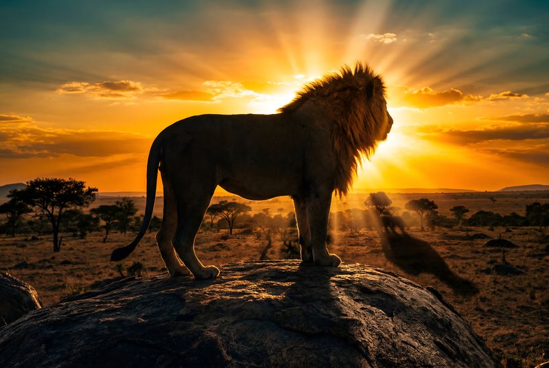 Lion stands on rock against sunset backdrop in Africa Premium Stock Photo - stock photo