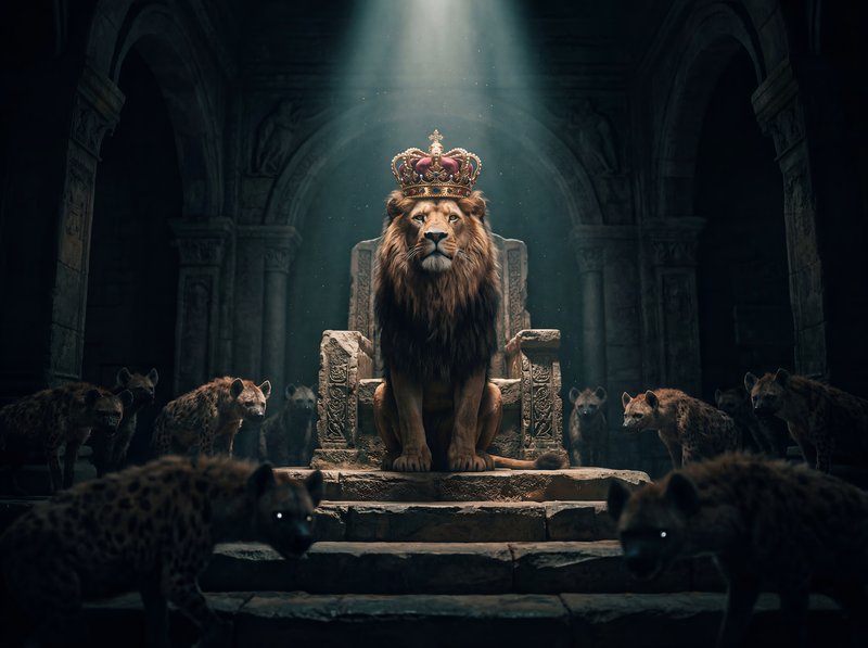 Lion sits on throne surrounded by hyenas in ancient setting Premium Stock Photo - stock photo