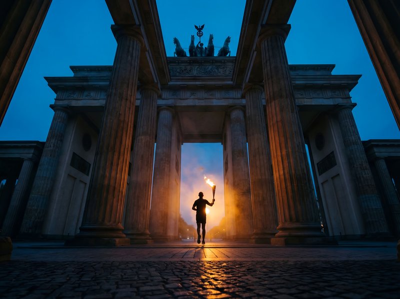 Fire performer at Brandenburg Gate in Berlin at dusk Premium Stock Photo - stock photo