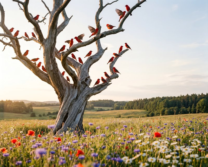 Birds gather on a dried tree in a colorful field at sunset Premium Stock Image - stock photo