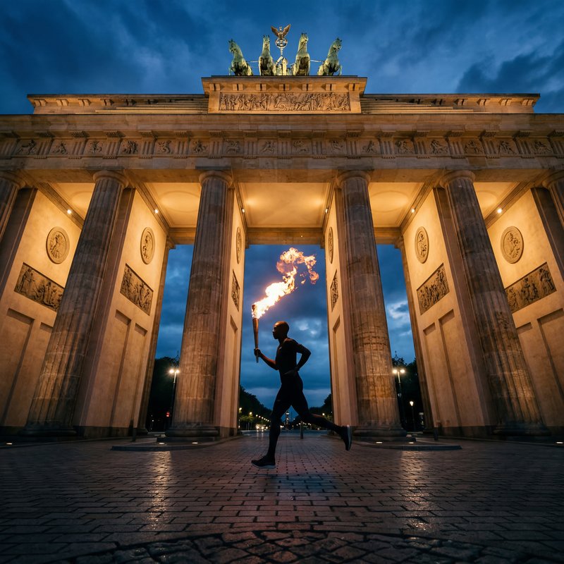 Runner with torch at Brandenburg Gate during twilight hours Premium Stock Image - stock photo