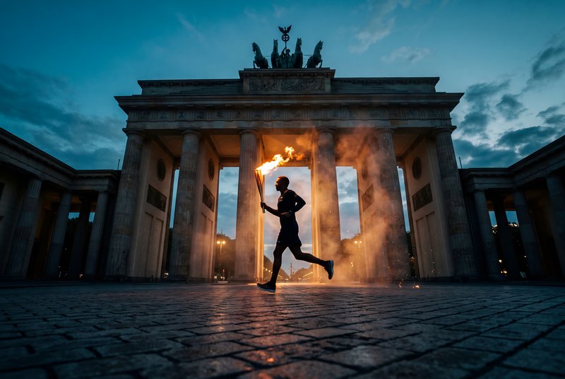Runner with fire at Brandenburg Gate in Berlin at dusk Premium Stock Image - stock photo