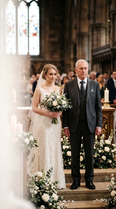 Bride stands with father during wedding ceremony in church Premium Stock Photo - stock photo
