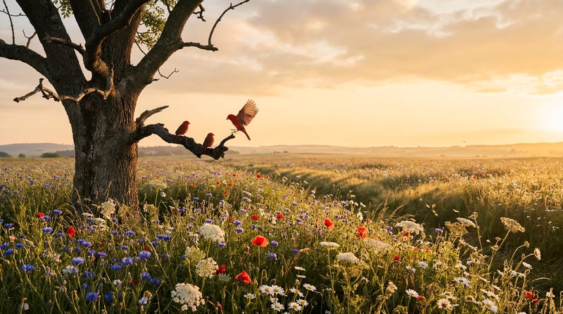 Birds flying over a field of flowers near a tree at sunset Premium Stock Image - stock photo