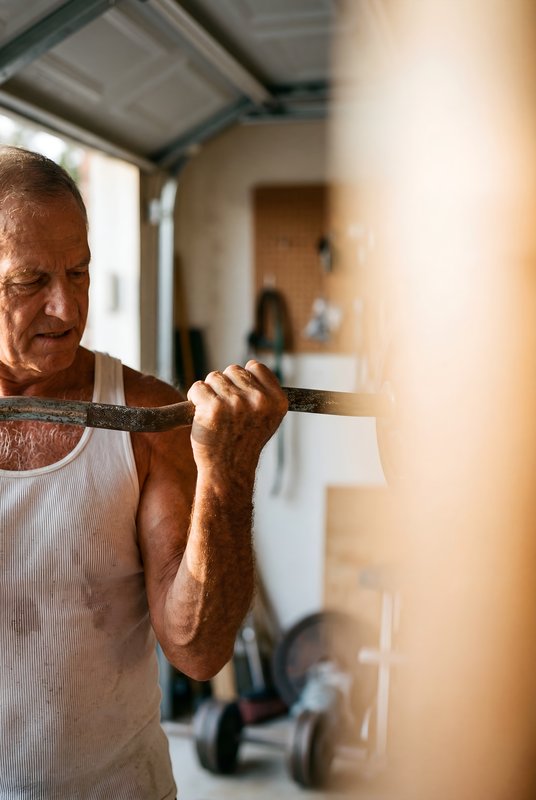 Senior man lifts weights in home gym for fitness session Premium Stock Photo - stock photo