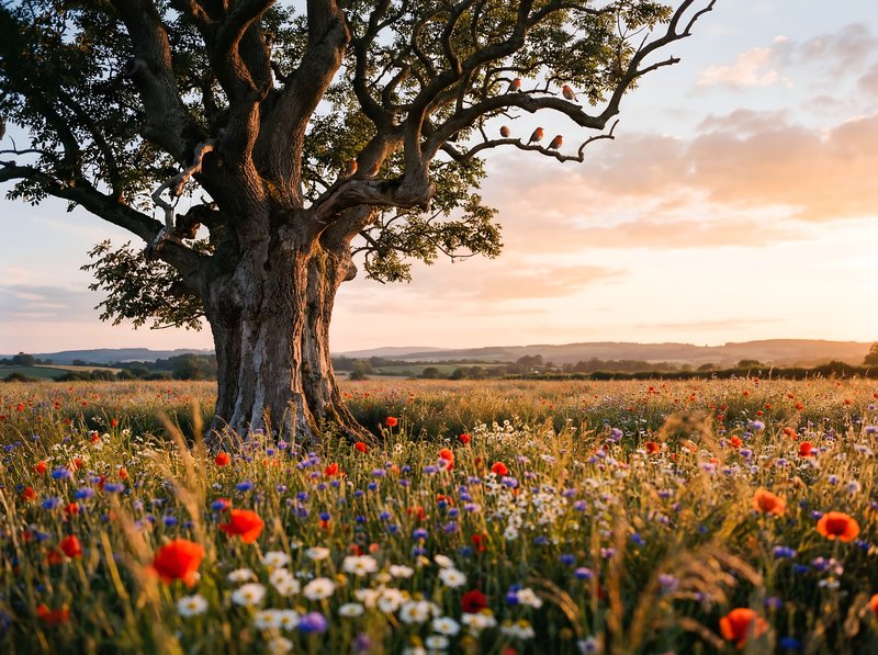 Beautiful tree stands in a field of flowers at sunset Premium Stock Photo - stock photo